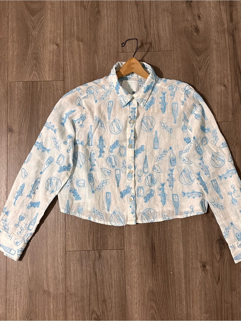 Cynthia Rowley LINEN Wine Food Shirt Embroidered Button-Up Top 100% Linen